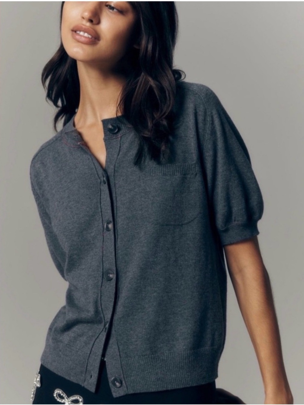 Maeve Charcoal Gray Button-Front Knit Cardigan